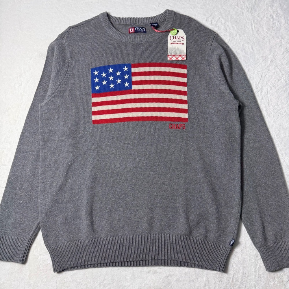 Chaps‎ Mens Size XL Gray American Flag Crewneck Sweater Patriotic USA Knit NWT